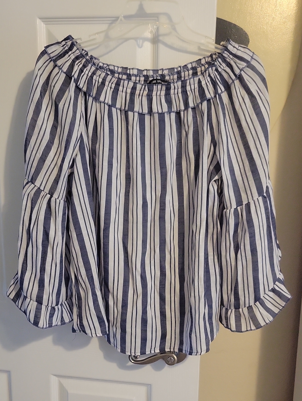Unique Spectrum Striped On/ Off-Shoulder Sheer Striped Peasant Top